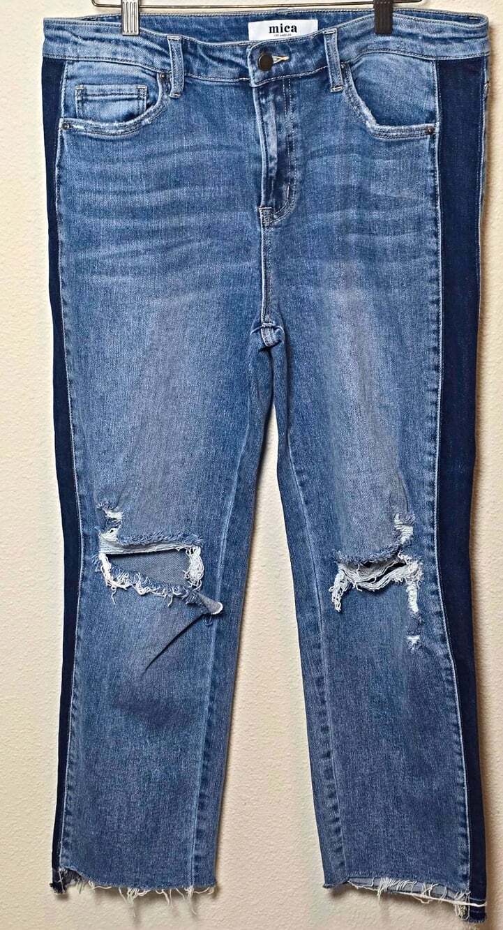 Mica Denim Women’s High Rise Skinny Jeans Blue Medium Wash Distressed Raw Hem